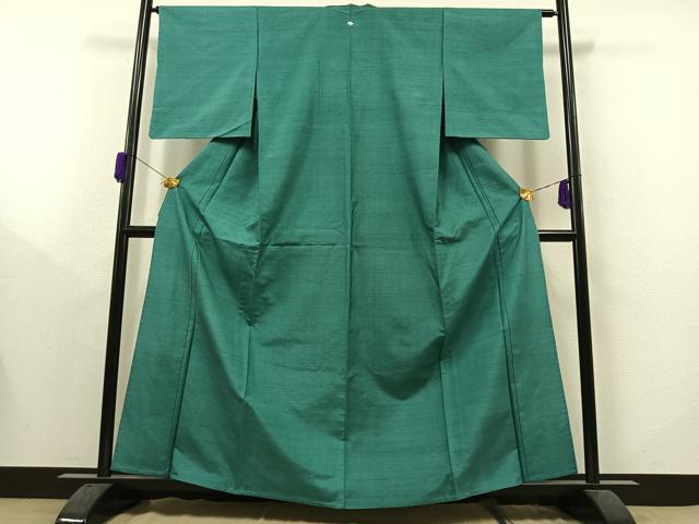平和屋着物▽上質な紬 色無地 単衣 青緑色 正絹 逸品 AAAY8312jh