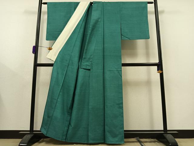 平和屋着物▽上質な紬 色無地 単衣 青緑色 正絹 逸品 AAAY8312jh