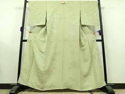 平和屋着物▽上質な色無地　単衣　地紙風景地紋　夏虫色　正絹　逸品　AAAY8314jh