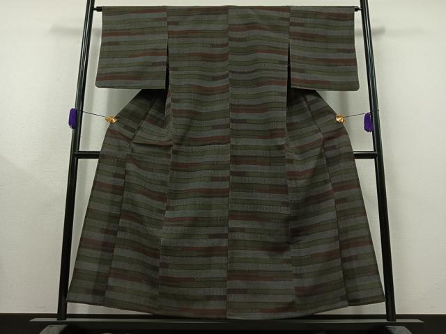 平和屋着物▽本塩沢　単衣　横段文　正絹　逸品　AAAY8317jh