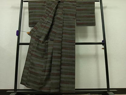 平和屋着物▽本塩沢　単衣　横段文　正絹　逸品　AAAY8317jh
