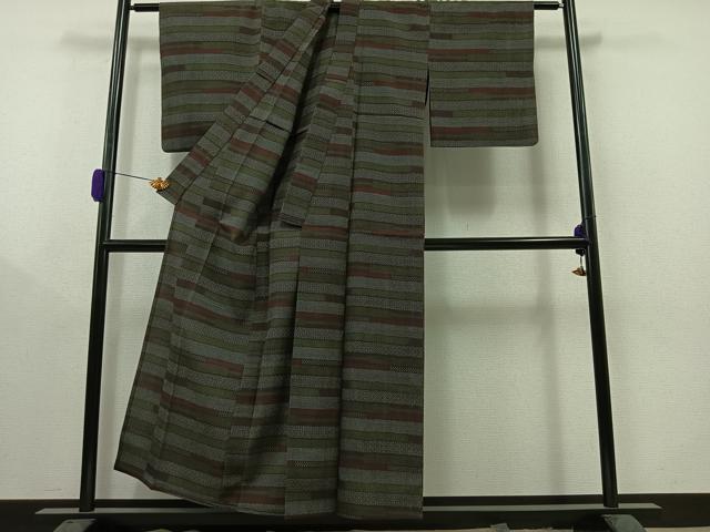 平和屋着物▽本塩沢　単衣　横段文　正絹　逸品　AAAY8317jh