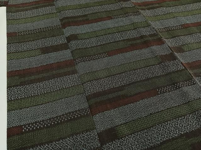平和屋着物▽本塩沢　単衣　横段文　正絹　逸品　AAAY8317jh