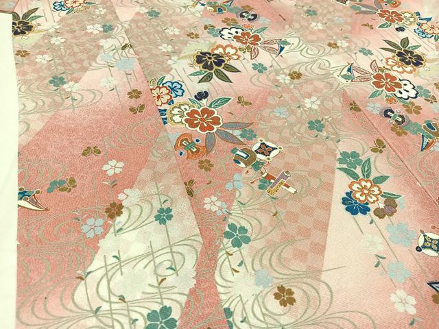 平和屋着物▽小紋 単衣 流水花蝶文 金彩 洗える着物 AAAY8319jh