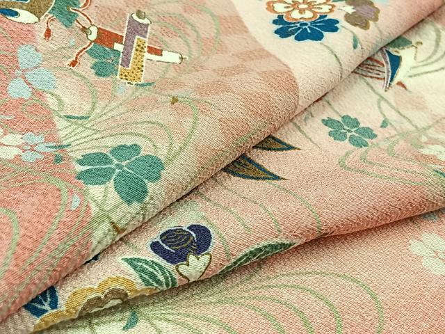 平和屋着物▽小紋 単衣 流水花蝶文 金彩 洗える着物 AAAY8319jh