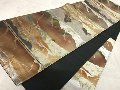 平和屋着物◎六通柄袋帯　風景文　金銀糸　正絹　逸品　AAAY8366yx
