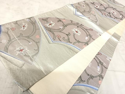 平和屋着物◎六通柄袋帯　地紙花唐草文　銀糸　正絹　逸品　AAAY8367yx