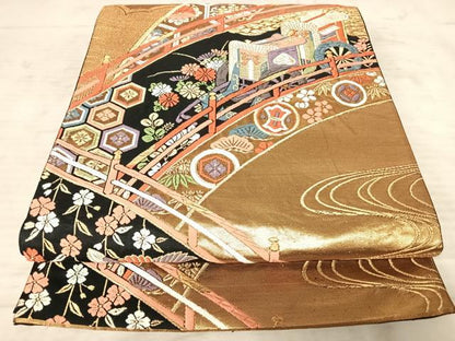 平和屋着物◎六通柄袋帯　唐織　古典青海橋文　黒地　金銀糸　正絹　逸品　AAAY8389yx