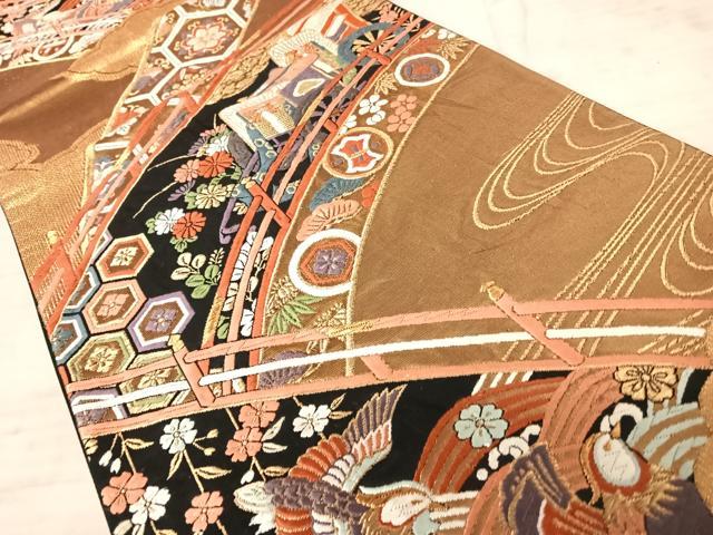 平和屋着物◎六通柄袋帯　唐織　古典青海橋文　黒地　金銀糸　正絹　逸品　AAAY8389yx