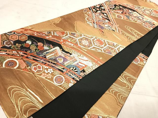 平和屋着物◎六通柄袋帯　唐織　古典青海橋文　黒地　金銀糸　正絹　逸品　AAAY8389yx