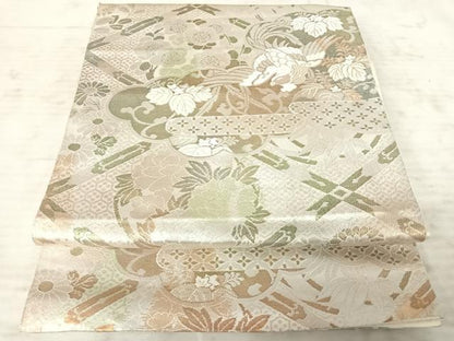 平和屋着物◎六通柄袋帯　二重箔織　雲取り花鳥文　正絹　逸品　AAAY8397yx