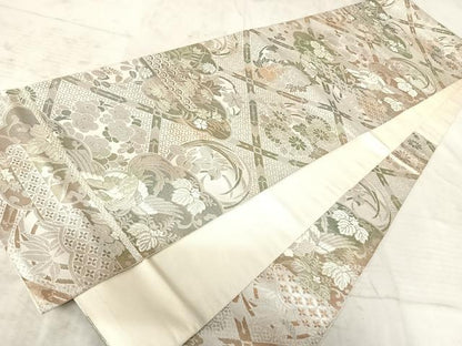 平和屋着物◎六通柄袋帯　二重箔織　雲取り花鳥文　正絹　逸品　AAAY8397yx