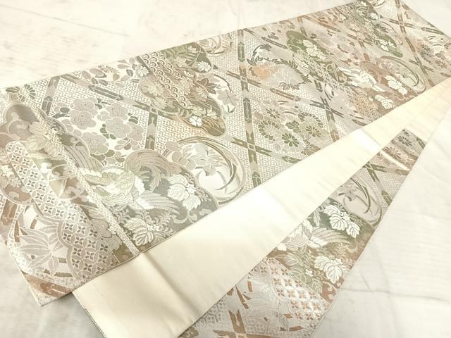 平和屋着物◎六通柄袋帯　二重箔織　雲取り花鳥文　正絹　逸品　AAAY8397yx