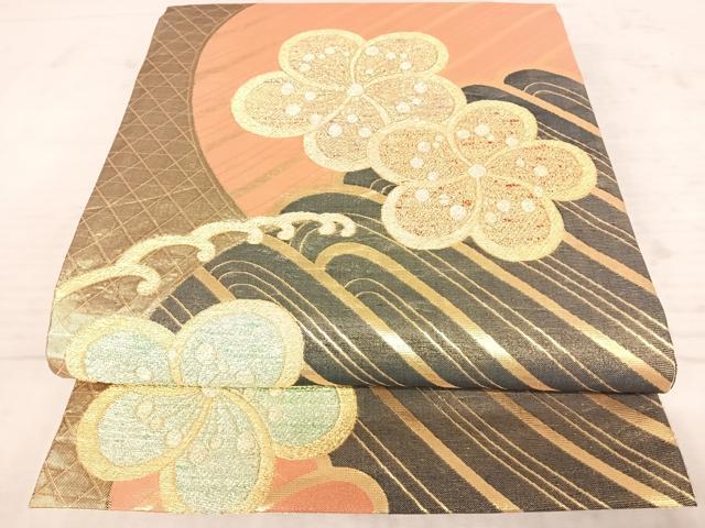 平和屋着物◎六通柄袋帯　立波花文　黒地　金銀糸　正絹　逸品　AAAY8418yx