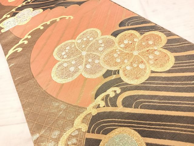 平和屋着物◎六通柄袋帯　立波花文　黒地　金銀糸　正絹　逸品　AAAY8418yx