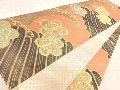 平和屋着物◎六通柄袋帯　立波花文　黒地　金銀糸　正絹　逸品　AAAY8418yx