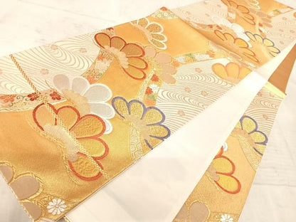 平和屋着物◎六通柄袋帯　唐織　流水松文　金糸　正絹　逸品　AAAY8442yx