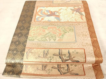 平和屋着物◎太鼓柄袋帯　花鳥文　金糸　正絹　逸品　AAAY8446yx
