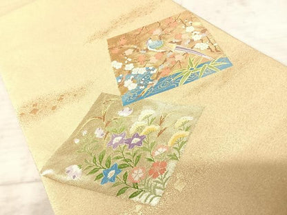 平和屋着物◎綴れ　太鼓柄袋帯　色紙重ね花鳥文　金糸　正絹　逸品　AAAY8471yx