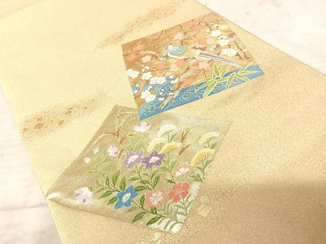 平和屋着物◎綴れ　太鼓柄袋帯　色紙重ね花鳥文　金糸　正絹　逸品　AAAY8471yx