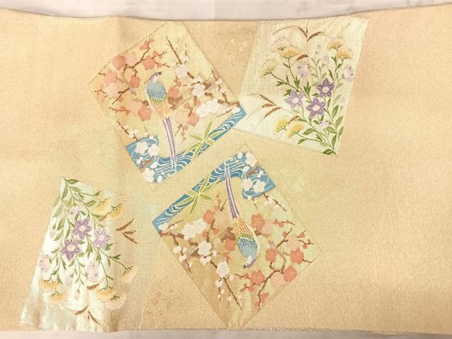 平和屋着物◎綴れ　太鼓柄袋帯　色紙重ね花鳥文　金糸　正絹　逸品　AAAY8471yx