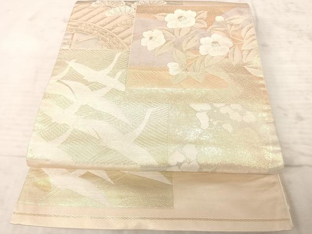 平和屋着物◎六通柄袋帯　色紙重ね花鳥文　金糸　正絹　逸品　AAAY8477yx