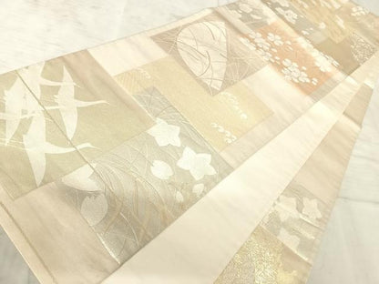 平和屋着物◎六通柄袋帯　色紙重ね花鳥文　金糸　正絹　逸品　AAAY8477yx