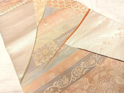 平和屋着物◎六通柄袋帯　裂取横段文　金銀糸　正絹　逸品　AAAY8483yx
