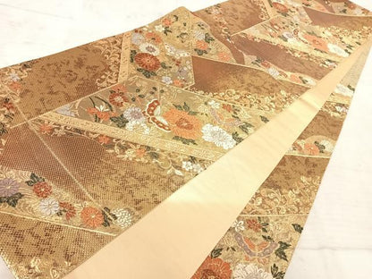 平和屋着物◎六通柄袋帯　花蝶文　金糸　正絹　逸品　AAAY8494yx