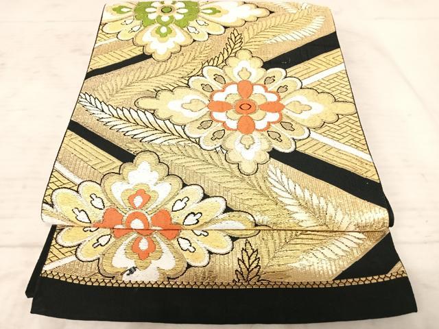 平和屋着物◎六通柄京袋帯　唐織　舞花文　黒地　金糸　正絹　逸品　AAAY8508yx