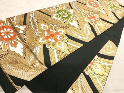 平和屋着物◎六通柄京袋帯　唐織　舞花文　黒地　金糸　正絹　逸品　AAAY8508yx