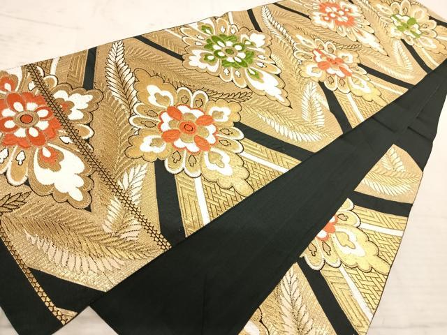 平和屋着物◎六通柄京袋帯　唐織　舞花文　黒地　金糸　正絹　逸品　AAAY8508yx