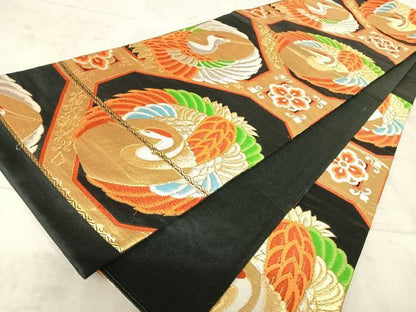 平和屋着物◎六通柄袋帯　唐織　飛鶴花文　黒地　金銀糸　正絹　逸品　AAAY8538yx