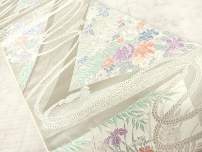 平和屋着物◎六通柄袋帯　唐織　結び紐花文　銀糸　正絹　逸品　AAAY8564yx
