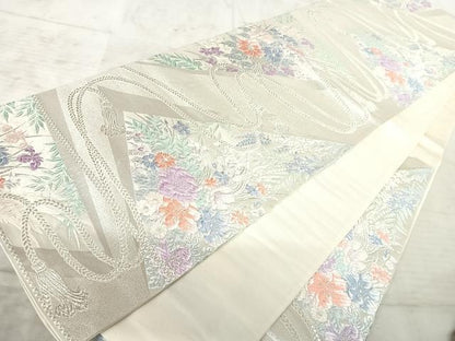 平和屋着物◎六通柄袋帯　唐織　結び紐花文　銀糸　正絹　逸品　AAAY8564yx
