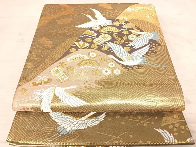 平和屋着物◎六通柄袋帯　吉祥飛鶴文　金銀糸　正絹　逸品　AAAY8590yx