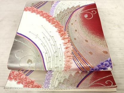 平和屋着物◎六通柄袋帯　唐織　孔雀羽文　銀糸　正絹　逸品　AAAY8591yx