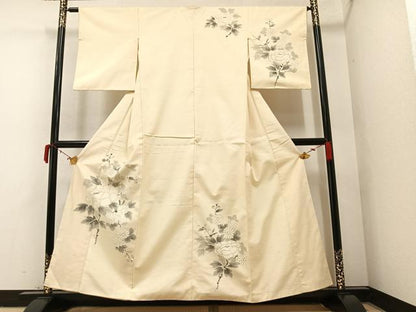 平和屋着物●訪問着　紬地　手描き　枝花文　正絹　逸品　AAAY8631ph
