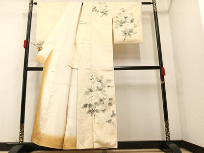 平和屋着物●訪問着　紬地　手描き　枝花文　正絹　逸品　AAAY8631ph