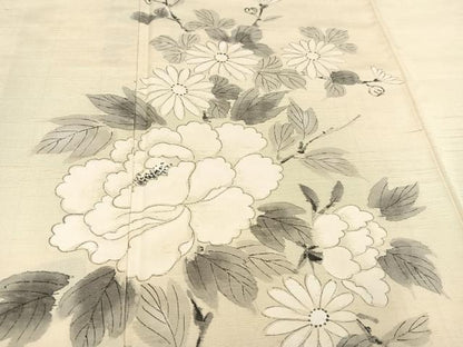 平和屋着物●訪問着　紬地　手描き　枝花文　正絹　逸品　AAAY8631ph