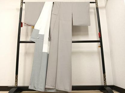 平和屋着物●江戸小紋 万筋 銀鼠色×薄卵色 正絹 逸品 未使用 AAAY8931ph