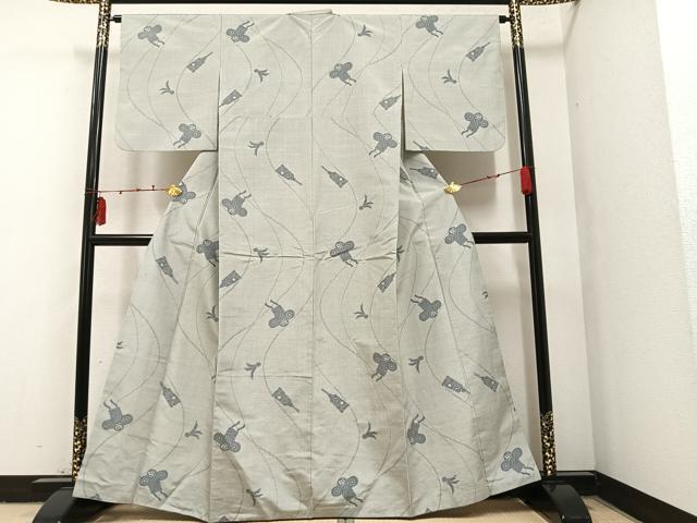 平和屋着物●上質な紬　凧揚げ　羽つき　正絹　逸品　AAAY8947ph