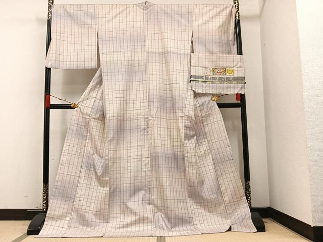 平和屋着物●極上　本場縞大島紬　格子　川野織物　証紙付き　ロング丈　正絹　逸品　AAAY8968ph