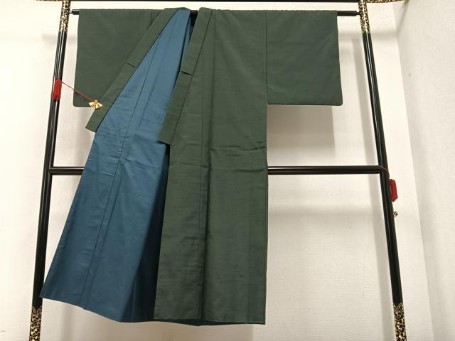 平和屋着物●男性　紬　アンサンブル　色無地　黒緑色　正絹　逸品　AAAY8969ph
