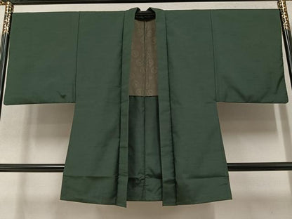 平和屋着物●男性　紬　アンサンブル　色無地　黒緑色　正絹　逸品　AAAY8969ph