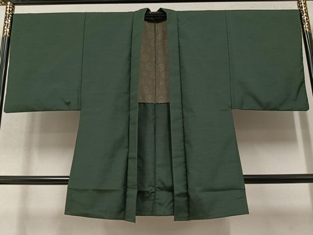 平和屋着物●男性　紬　アンサンブル　色無地　黒緑色　正絹　逸品　AAAY8969ph