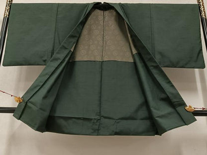 平和屋着物●男性　紬　アンサンブル　色無地　黒緑色　正絹　逸品　AAAY8969ph