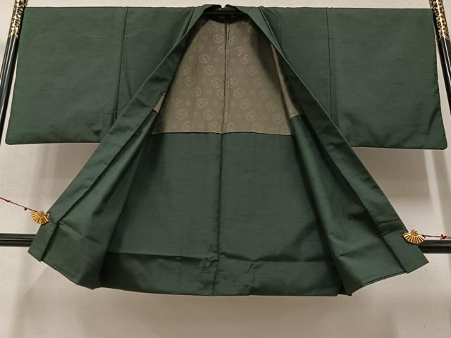 平和屋着物●男性　紬　アンサンブル　色無地　黒緑色　正絹　逸品　AAAY8969ph