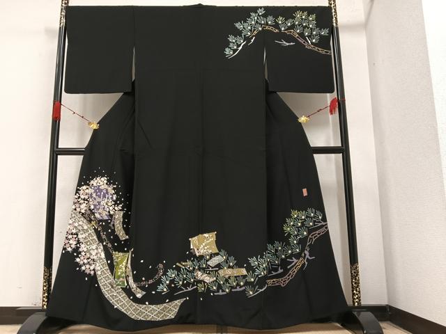 平和屋着物●本加賀友禅作家 下村 栄三　訪問着　誰が袖草花文　黒地　正絹　逸品　AAAY8974ph