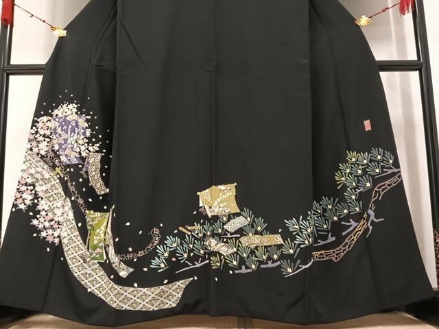 平和屋着物●本加賀友禅作家 下村 栄三　訪問着　誰が袖草花文　黒地　正絹　逸品　AAAY8974ph